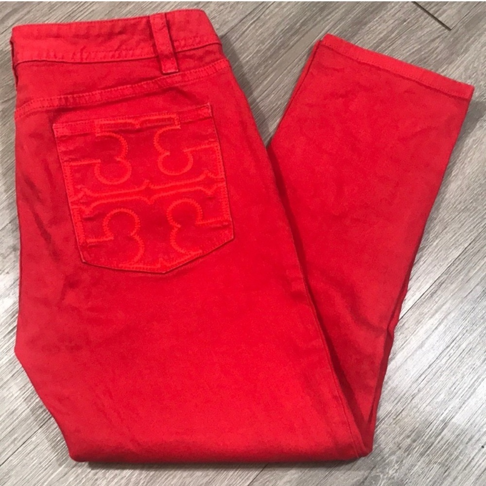 Tory Burch Red Cropped Skinny Jeans Embroidered Logo Pockets Size 26 denim NEW - Picture 8 of 15